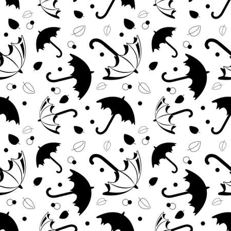 Seamless pattern with black umbrellas and leaves on a white background. Cute autumn print for textiles, wrapping paper and designのイラスト素材