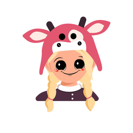 Avatar of a girl with blonde hair, big eyes and a wide happy smile in a cow hat. Head of a cute...