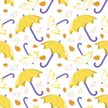 Seamless pattern with yellow umbrellas and leaves on a white background. Cute autumn print for textiles, wrapping paper and designのイラスト素材