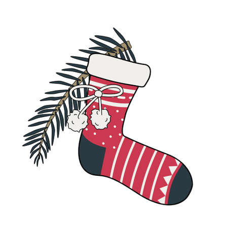 New Year sock with patterns and a Christmas tree branch. Festive decorative element for design on winter holidayのイラスト素材