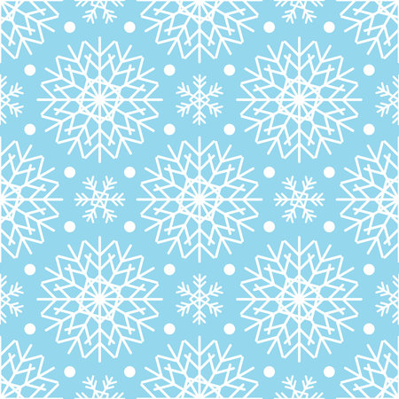 Seamless pattern with white snowflakes on blue background. Festive winter traditional decoration for...
