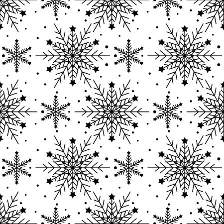 Seamless pattern with black snowflakes on white background. Festive winter traditional decoration for New Year, Christmas, holidays and design. Ornament of simple line repeat snow flakeのイラスト素材