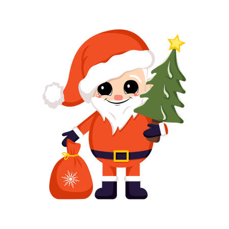 Santa Claus in red costume and hat with bag of gifts and Christmas tree with star. Symbol of New Year and Christmas. Cute character with happy emotions and smileのイラスト素材
