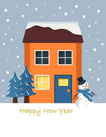 Bright sweet home on Christmas card. Winter landscape with snowflakes, fir trees and snowman. Happy new year greeting postcardのイラスト素材