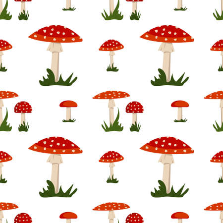 Seamless pattern with amanita mushroom with red hat and white dots and grass. Bright fly agaric printのイラスト素材
