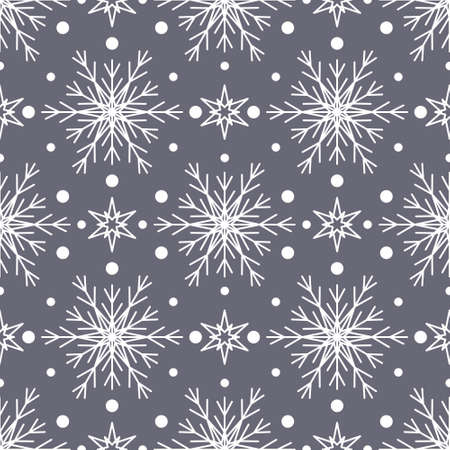 Seamless pattern with white snowflakes on grey background. Festive winter traditional decoration for New Year, Christmas, holidays and design. Ornament of simple line repeat snow flakeのイラスト素材