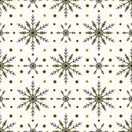 Seamless pattern with black and gold snowflakes on background. Festive winter traditional decoration for New Year, Christmas, holiday and design. Ornament of simple line repeat snow flakeのイラスト素材