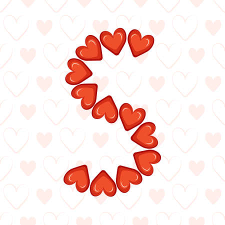 Letter S from red hearts on seamless pattern with love symbol Festive font or decoration for valentine day, wedding, holiday and designのイラスト素材