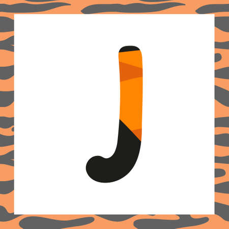 Letter J with tiger pattern. Festive font and frame from orange with black stripes alphabet, symbol for New Year and Christmasのイラスト素材