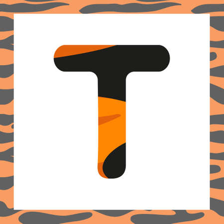 Letter T with tiger pattern. Festive font and frame from orange with black stripes alphabet, symbol for New Year and Christmasのイラスト素材