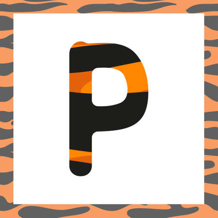 Letter P with tiger pattern. Festive font and frame from orange with black stripes alphabet, symbol for New Year and Christmasのイラスト素材