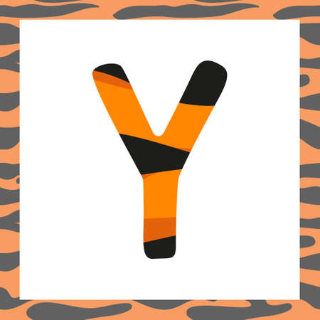 Letter Y with tiger pattern. Festive font and frame from orange with black stripes alphabet, symbol for New Year and Christmasのイラスト素材