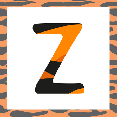 Letter Z with tiger pattern. Festive font and frame from orange with black stripes alphabet, symbol for New Year and Christmasのイラスト素材