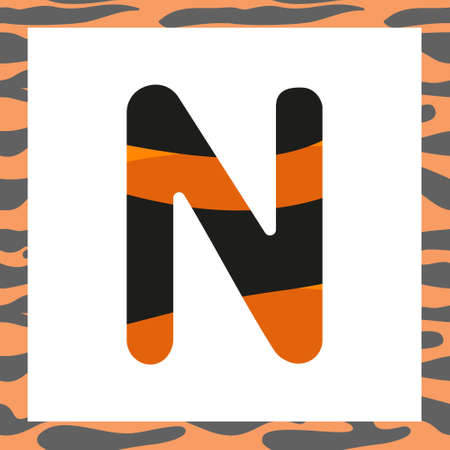 Letter N with tiger pattern. Festive font and frame from orange with black stripes alphabet, symbol for New Year and Christmasのイラスト素材