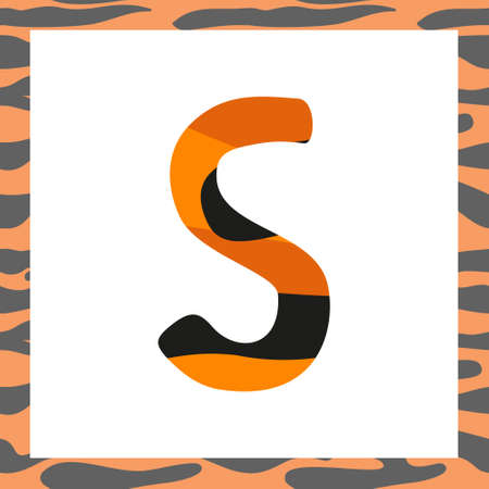 Letter S with tiger pattern. Festive font and frame from orange with black stripes alphabet, symbol for New Year and Christmasのイラスト素材