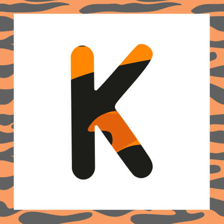 Letter K with tiger pattern. Festive font and frame from orange with black stripes alphabet, symbol for New Year and Christmasのイラスト素材