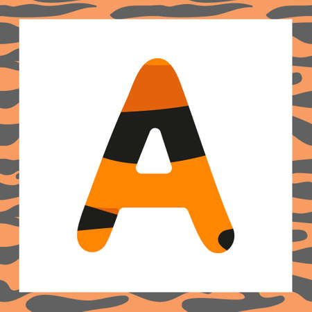 Letter A with tiger pattern. Festive font and frame from orange with black stripes alphabet, symbol for New Year and Christmasのイラスト素材