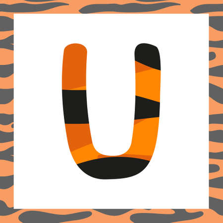 Letter U with tiger pattern. Festive font and frame from orange with black stripes alphabet, symbol for New Year and Christmasのイラスト素材