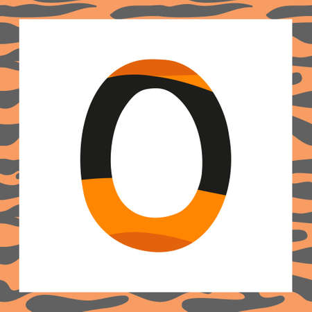Letter O with tiger pattern. Festive font and frame from orange with black stripes alphabet, symbol for New Year and Christmasのイラスト素材