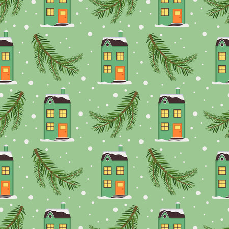 Seamless pattern with festive Christmas houses, tree branches and snowflakes on green background. Bright print for the New Year and winter holidays for wrapping paper, textiles and design.のイラスト素材