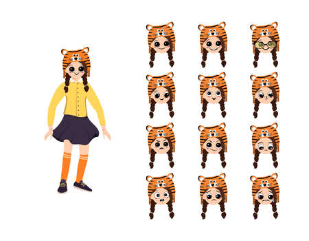 Girl in orange hat of tiger and head with different emotion. Child carnival party. Kid in costumes of animal for New year, Christmas or holiday and face with happy, sad or angry expressionのイラスト素材