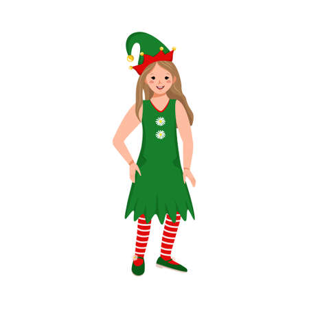 Cute girl with happy face and eyes in festive elf costume for Christmas, New Year or holidayのイラスト素材