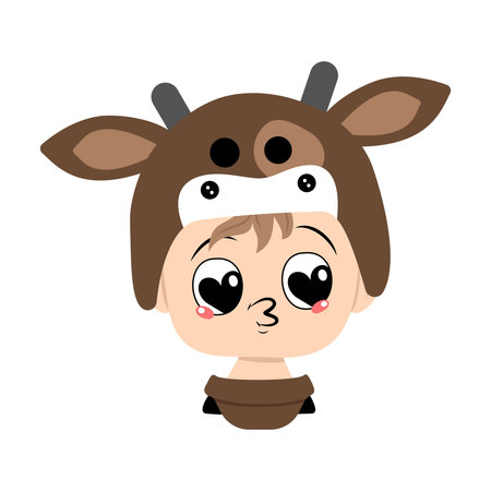 Boy with big heart eyes and kiss lips in a cow hat. Head of cute child with joyful face in carnival costume for holiday, Christmas or New yearのイラスト素材