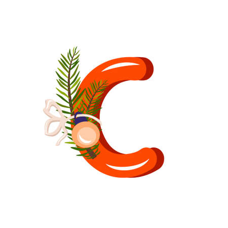 Red letter C with green Christmas tree branch, ball with bow. Festive font for Happy New Year and bright alphabetのイラスト素材