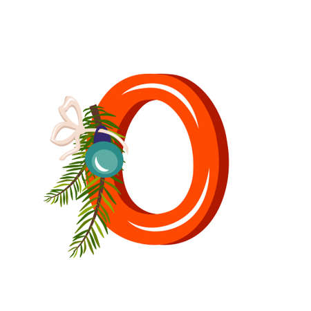 Red letter O with green Christmas tree branch, ball with bow. Festive font for Happy New Year and bright alphabetのイラスト素材