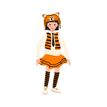 Girl in carnival costume and tiger hat. Festive clothing for theatre, new year, Christmas and holiday. Child is dancing with joyful face and happy emotionsのイラスト素材