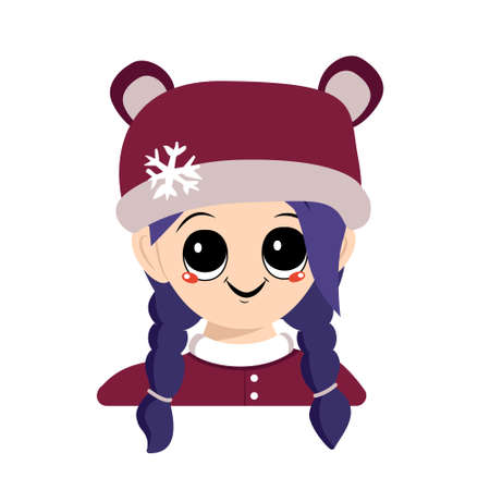 Girl with big eyes and a wide smile and blue hair in bear hat with snowflake. Cute child with happy face in winter headdress. Head of adorable kid with emotionsのイラスト素材