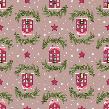 Seamless pattern with festive Christmas houses, tree branches and snowflakes on pink background....