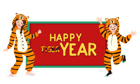 Girl and boy in carnival costume of tiger with place for text. Child in party pyjamas. Kid in jumpsuit or kigurumi, festive clothes for New Year, Christmas or holidayのイラスト素材