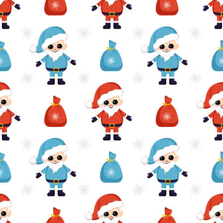 Seamless Christmas pattern with blue and red Santa Claus, bag with presents and snowflakes. Bright print for New Year and winter holiday, wrapping paper, textiles and designs.のイラスト素材
