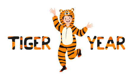 Boy in tiger carnival costume and inscription New Year from striped orange with black letters. Children pajama party or holiday. Kid in jumpsuits or kigurumi, festive clothing for Christmasのイラスト素材