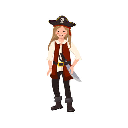 Happy pirate girl with saber and cocked hat. Joyful kid in carnival costume waving sword. Festive clothing for Halloween, holiday and children designのイラスト素材