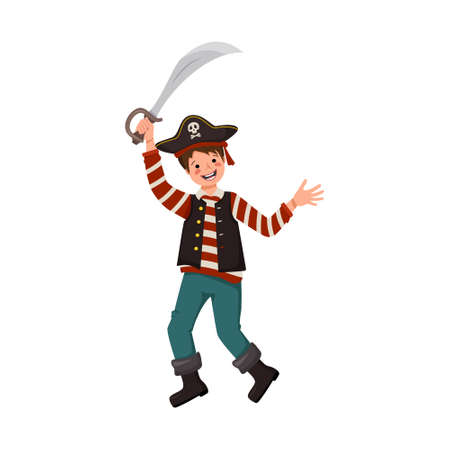 Happy pirate boy with saber and cocked hat. Joyful kid in carnival costume waving sword. Festive clothing for Halloween, holiday and children designのイラスト素材
