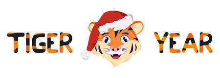 Happy tiger, symbol of New Year in red Christmas Santa hat. Wild animals of Africa, face with joyful emotion, holiday decoration with orange striped letteringのイラスト素材