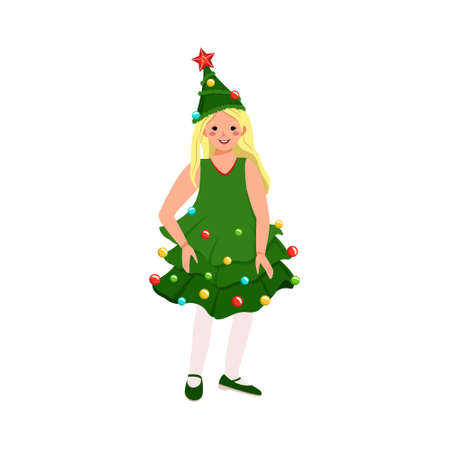 Girl in carnival costume of Christmas tree. Festive masquerade clothes with red star and garland for theatre, new year, Christmas and holiday. Child with joyful face and happy emotionsのイラスト素材
