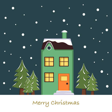Bright cute home on Christmas card. Winter landscape with snowflakes and fir trees on green background of night sky. Happy new year greeting postcardのイラスト素材
