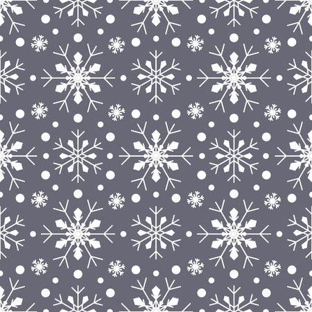 Seamless pattern with white snowflakes on grey background. Festive winter traditional decoration for New Year, Christmas, holidays and design. Ornament of simple line repeat snow flakeのイラスト素材