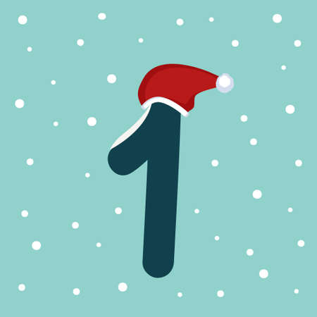 Number one with snow and red Santa Claus hat. Festive font for Christmas and New Yearのイラスト素材