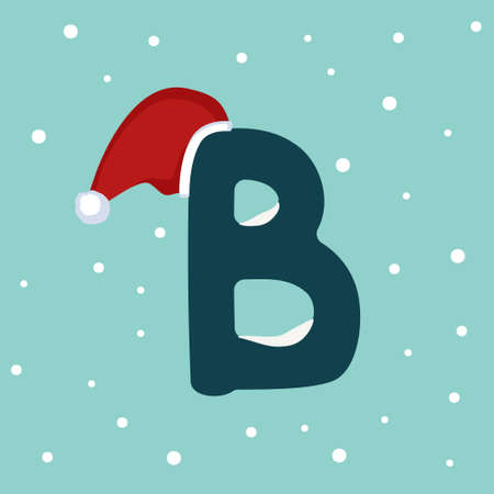 Letter B with snow and red Santa Claus hat. Festive font for Christmas and New Yearのイラスト素材