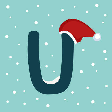 Letter U with snow and red Santa Claus hat. Festive font for Christmas and New Yearのイラスト素材