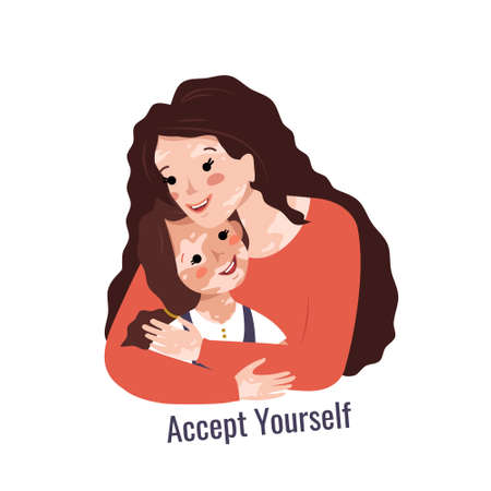 Beautiful mother with long hair and vitiligo hugs her daughter. Inscription accept yourself. Vector illustration of skin diseases and taking care of your body. Teach your child to love himselfのイラスト素材
