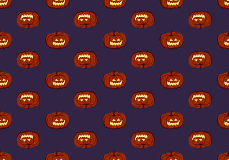Dark seamless pattern with pumpkins, face and smile. Halloween party decoration. Vegetable print with a smirk. Festive background for paper, textile, holiday and design. Vector illustration.のイラスト素材