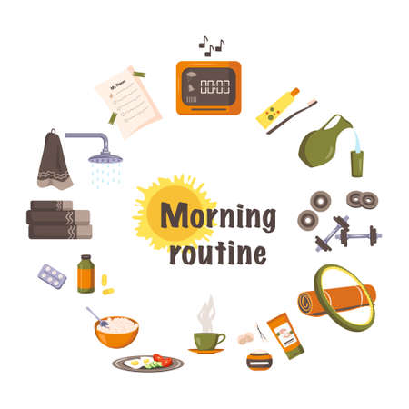 Set items for morning routine. Wake up by alarm, brushing teeth and washing face, do sports, fitness or yoga, beauty treatment, eat food and vitamin, shower and plan day. Healthy start day conceptのイラスト素材