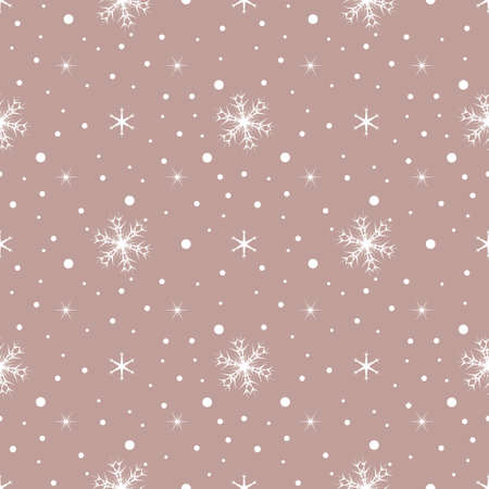 Seamless pattern with white snowflakes and dots on pink background. Festive winter traditional decoration for New Year, Christmas, holidays and design. Ornament of simple lineのイラスト素材