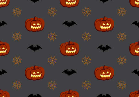 Bright seamless pattern with pumpkins, bats and spiders web. Festive autumn decoration for Halloween. Holiday October background for paper print, textile and designのイラスト素材
