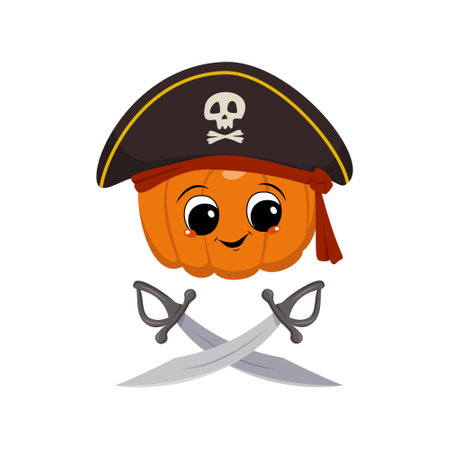 Cute pumpkin character with happy emotions, face, big eyes and wide smile in captain cocked hat and crossed sabers. Halloween party decoration. Mischievous Vegetable Heroのイラスト素材